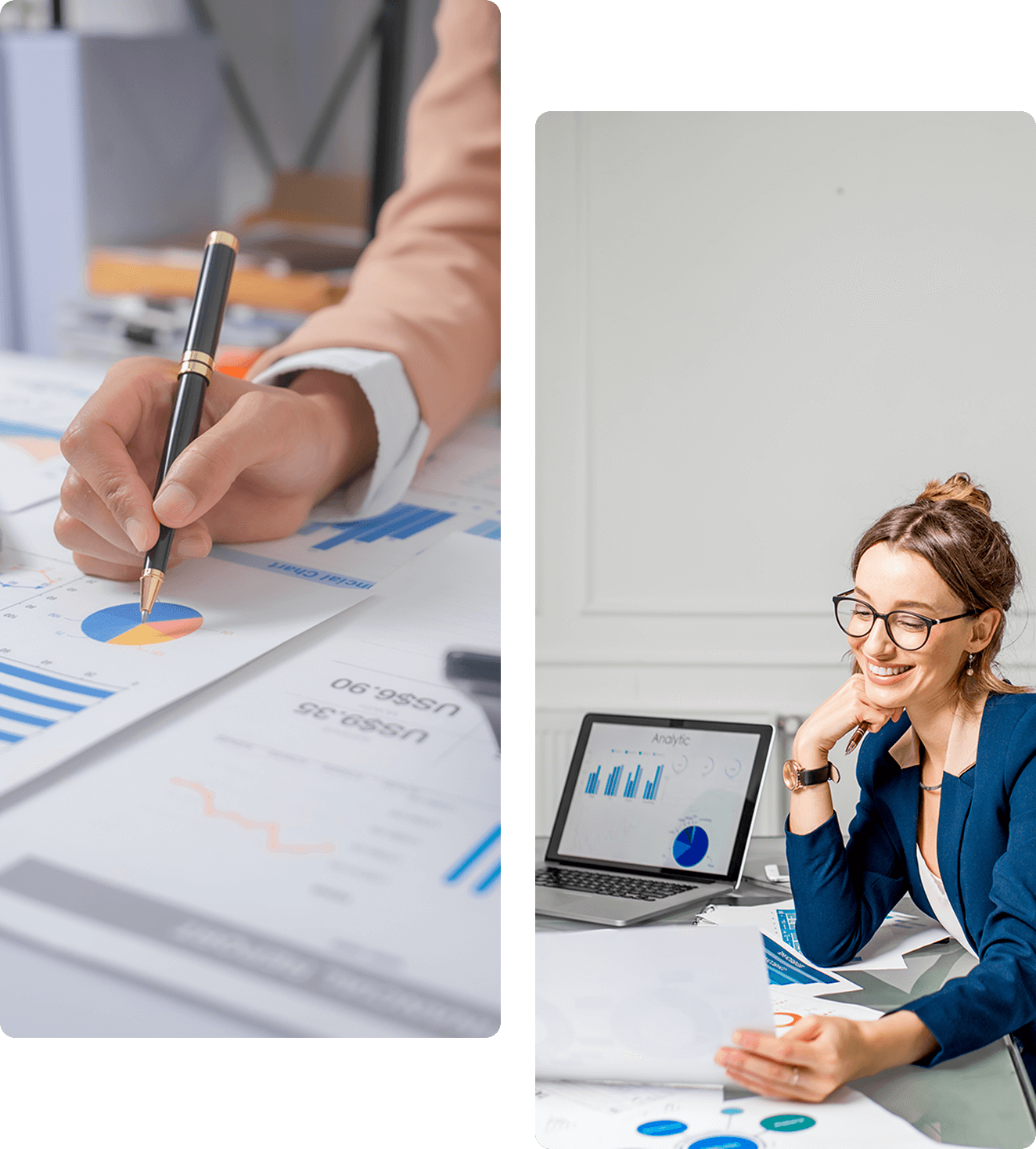 A person is writing on printed charts featuring graphs and pie charts. Another person is sitting at a desk, smiling, with a laptop displaying similar graphs.