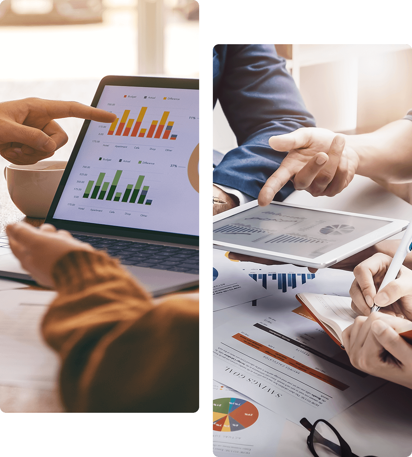 Two images side by side: the left shows a person pointing at a laptop screen with charts; the right shows people discussing graphs on a tablet over paperwork.