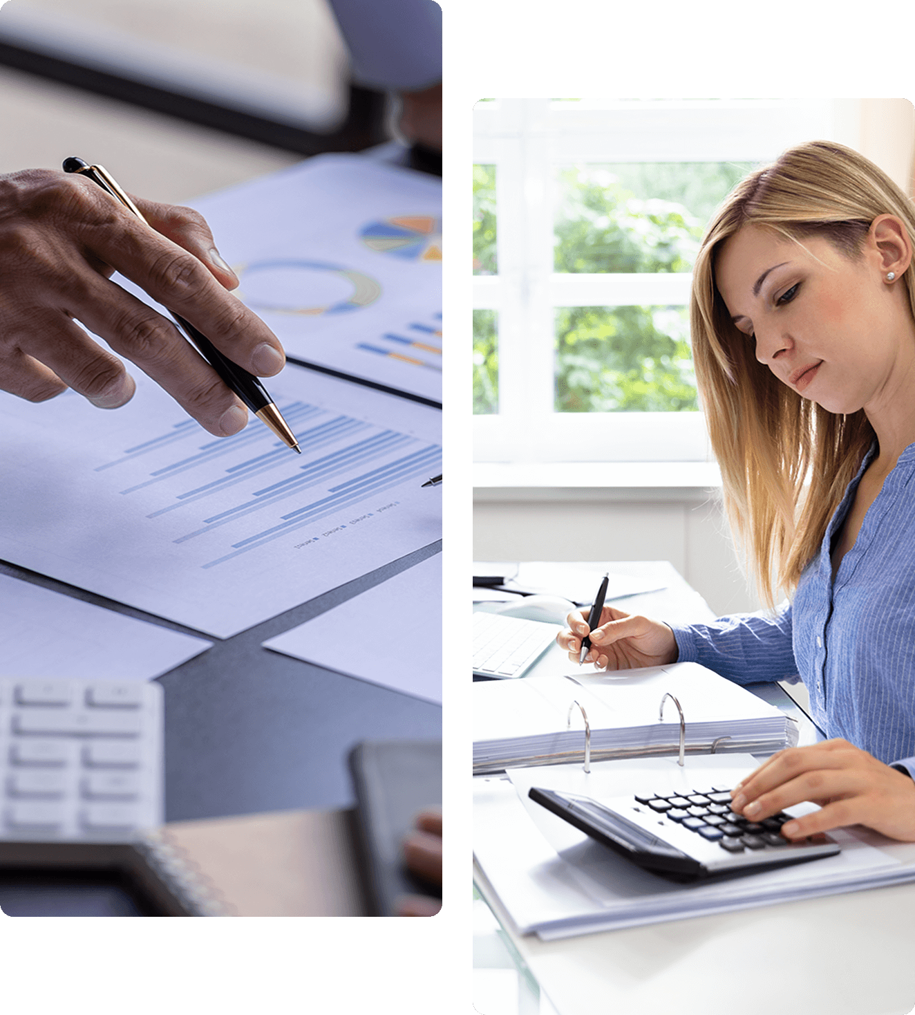 Left: Hand pointing at papers with charts. Right: Person in blue shirt using a calculator and writing in a binder.