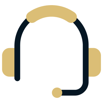 A simple illustration of a headset with a microphone, featuring beige ear pads and a band, alongside a black frame and mic.